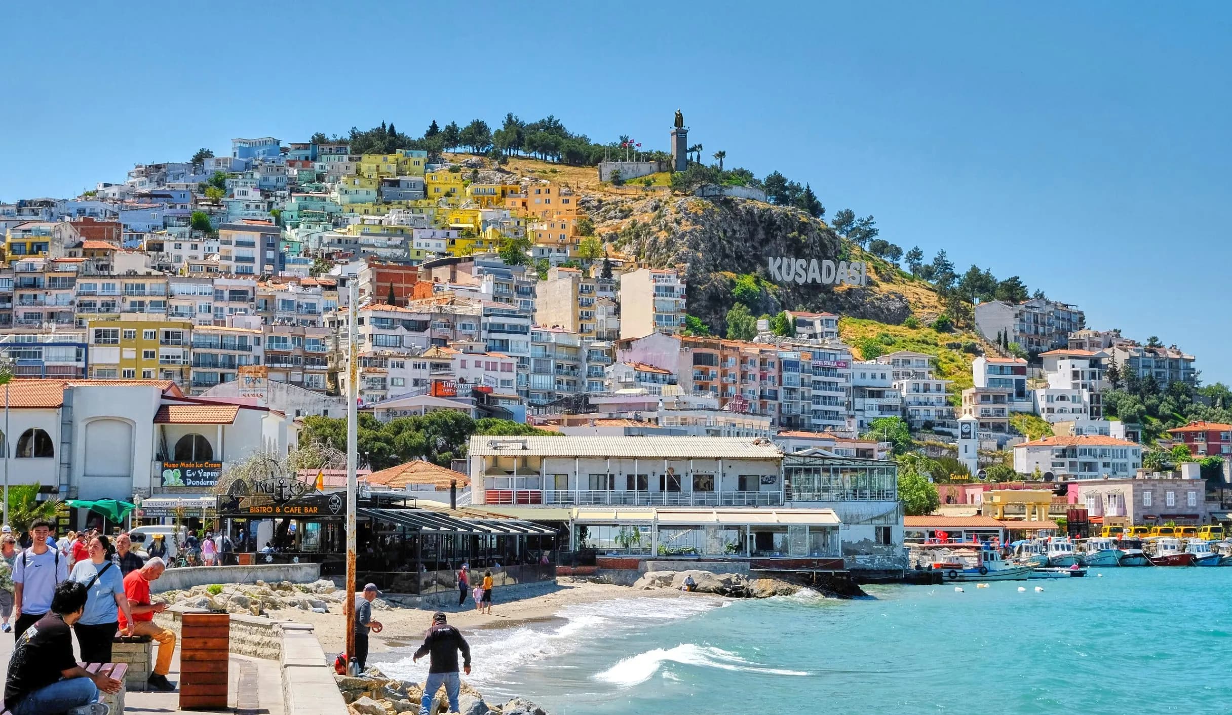 Kusadasi coastal view with cruise ships and Pigeon Island
